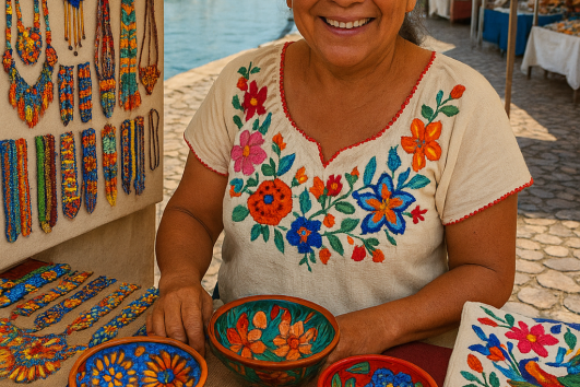 Smiling local artisan selling colorful handmade bowls and jewelry at Marina Vallarta Art & Market in Puerto Vallarta