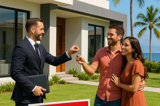 Happy couple receiving house keys from real estate agent in front of a modern beachfront home in Puerto Vallarta with a SOLD sign