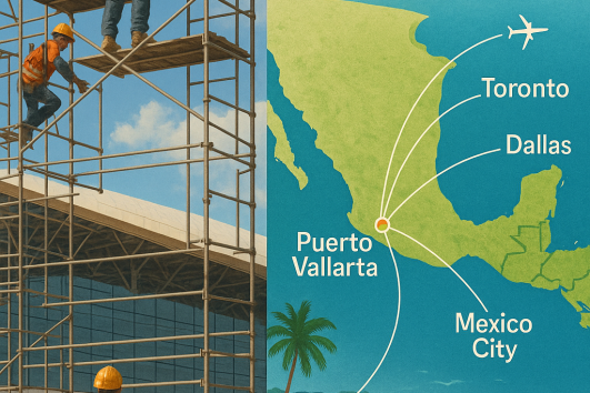 Construction workers building Puerto Vallarta airport terminal with infographic map showing international flight routes to Toronto, Dallas, and Mexico City