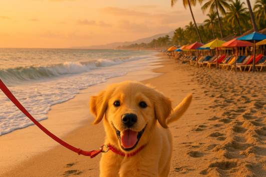 Happy golden retriever on a leash walking along Puerto Vallarta beach at sunset