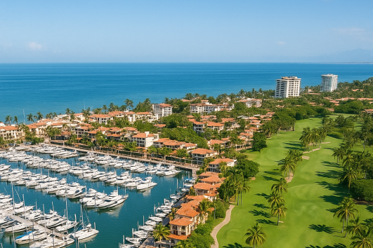 Aerial view of Marina Vallarta showing golf course and luxury yacht marina by the Pacific Ocean in Puerto Vallarta, Mexico