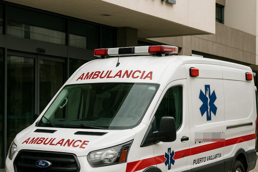 Ambulance labeled Puerto Vallarta parked outside a hospital in Mexico