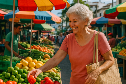 Senior woman shopping for fresh produce at a colorful outdoor market in Puerto Vallarta, Mexico.