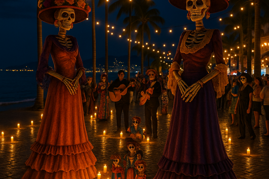 Día de los Muertos celebration on the Malecón in Puerto Vallarta with giant Catrina statues, candles, and people gathered at night