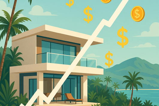 Modern luxury villa in Puerto Vallarta with pool and rising rental ROI graph