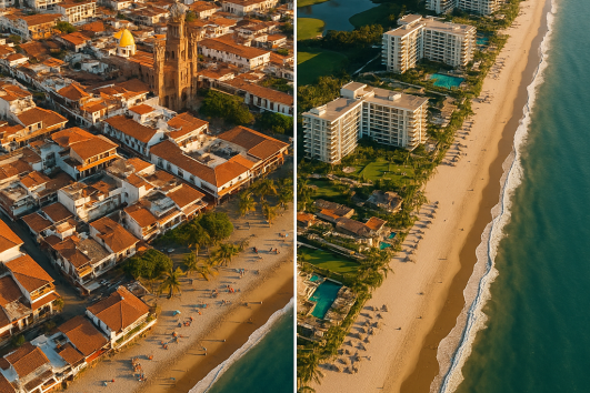 Side-by-side aerial comparison of Puerto Vallarta and Nuevo Vallarta beaches and buildings
