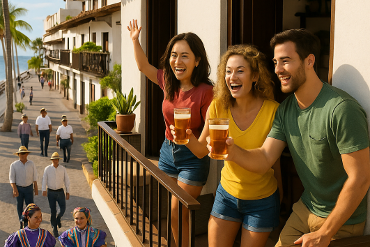 Tourists enjoying a street festival in Puerto Vallarta from a vacation rental balcony
