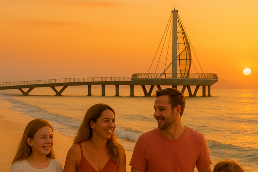 Expat family with children walking on the beach near Los Muertos Pier at sunset in Puerto Vallarta