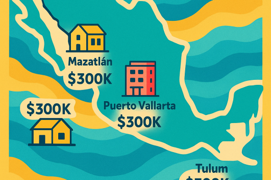 Map of Mexico showing what $300,000 buys in real estate in Puerto Vallarta, Tulum, Mazatlán, and Puerto Escondido