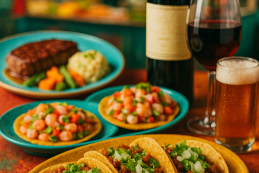 Authentic Mexican tacos, shrimp tostadas, and steak with wine and beer at a Puerto Vallarta food festival.