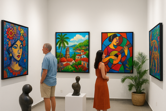 Visitors viewing colorful Mexican artwork in a contemporary Puerto Vallarta gallery