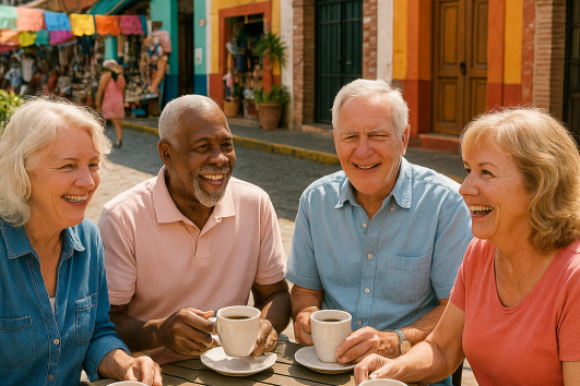 Group of U.S. retirees enjoying coffee at an outdoor café in Puerto Vallarta, Mexico