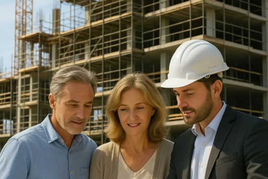 Couple reviewing pre-sale condo blueprints with real estate agent at Puerto Vallarta construction site