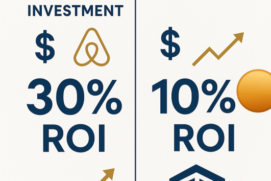 Infographic comparing pre-sale condo Airbnb investment ROI of 30% versus post-sale investment ROI of 10% in Puerto Vallarta