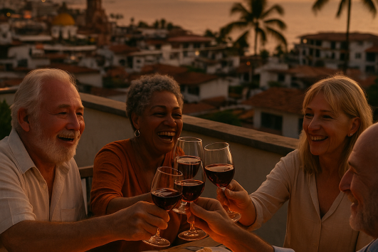 Retired expats enjoying a rooftop dinner at sunset in Puerto Vallarta, Mexico