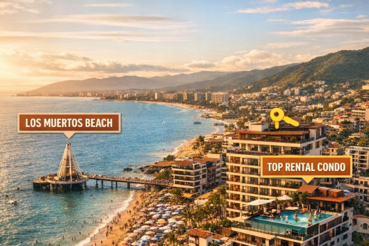Aerial view of Zona Romántica, Puerto Vallarta in 2025 showing Los Muertos Beach and a luxury condo with rooftop pool labeled Top Rental Condo.