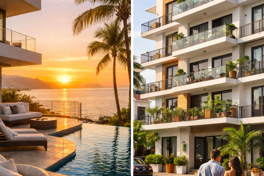 Split-screen photo of a luxury oceanfront villa and a modern mid-market condo in Puerto Vallarta, Mexico, during sunset.