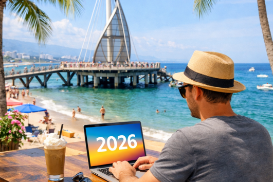 Digital nomad working on a laptop at a beachfront café in Puerto Vallarta, Mexico with Los Muertos Pier in the background and 2026 on screen.