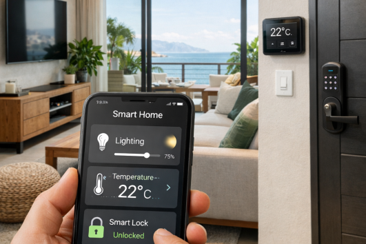 Smart home controls in a modern Puerto Vallarta beachfront condo with ocean view