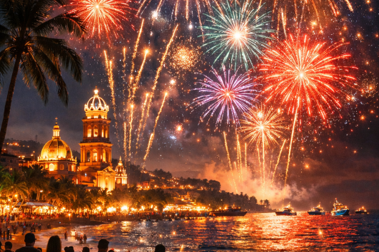 Crowd watching fireworks over Puerto Vallarta beach on New Year’s Eve with Our Lady of Guadalupe Church in the background