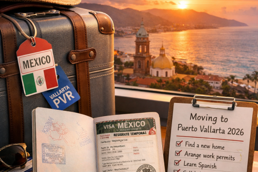 Luggage, passport, and checklist for moving to Puerto Vallarta in 2026 with plane and sunset view in background.