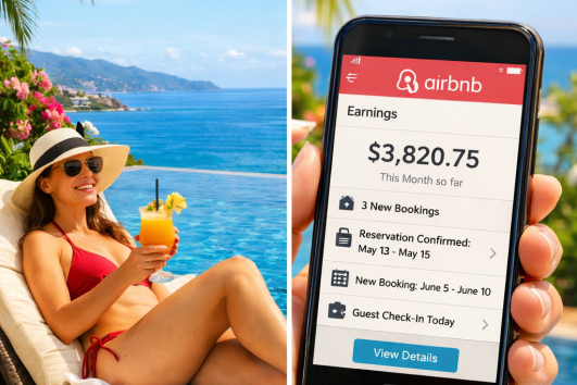 Woman relaxing at luxury pool in Puerto Vallarta while viewing Airbnb rental income on phone — representing lifestyle and property investment profitability.