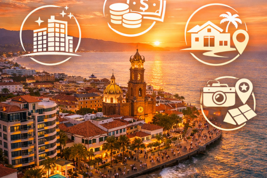 Aerial view of Puerto Vallarta at sunset with real estate and tourism icons overlayed, showcasing international property investment themes.