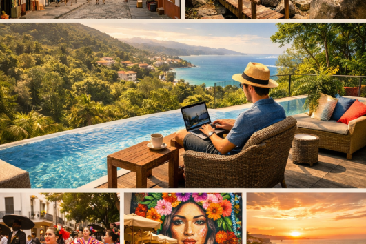 Puerto Vallarta cultural collage showing architecture, jungle, remote work, art, and local food