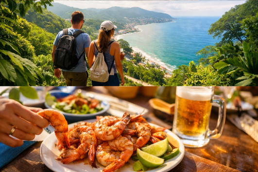 Couples enjoying yoga on the beach, hiking with ocean views, fresh seafood, and local shopping in Puerto Vallarta, Mexico.