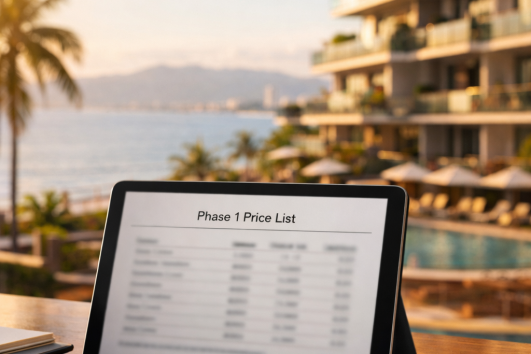 Tablette affichant une grille de prix Phase 1 avec vue sur un projet immobilier en prévente à Puerto Vallarta