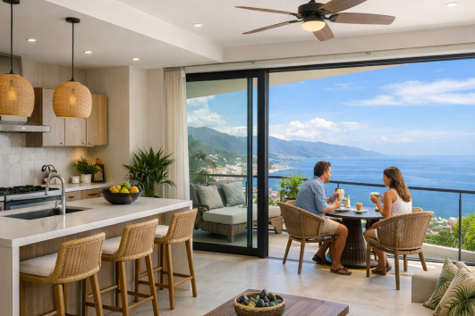 Modern condominium interior in Puerto Vallarta with ocean view balcony and couple enjoying breakfast