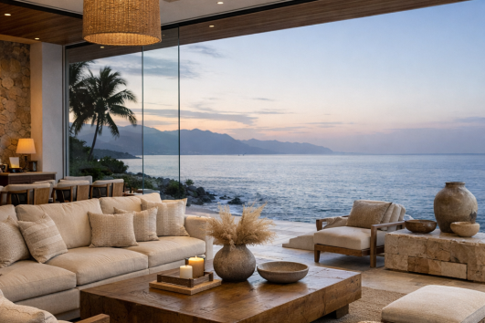Open-air luxury living room in a beachfront villa in Puerto Vallarta at sunset, showcasing quiet luxury design with ocean views and natural materials