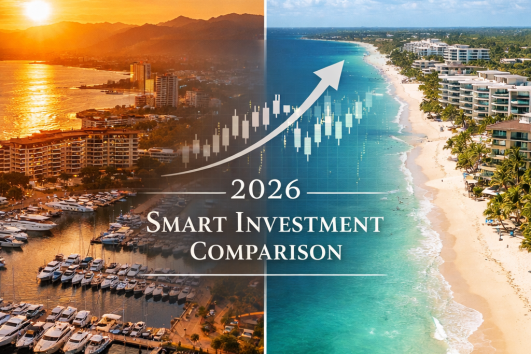 Puerto Vallarta vs Riviera Maya 2026 smart real estate investment comparison with marina sunset and Caribbean beachfront condos