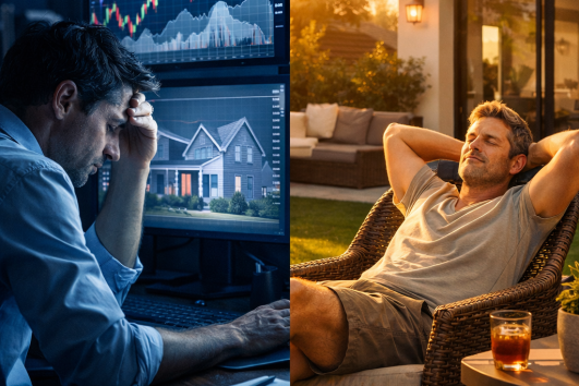 Stressed investor analyzing market charts contrasted with relaxed homeowner enjoying backyard at sunset, illustrating buying to stay vs short-term investing
