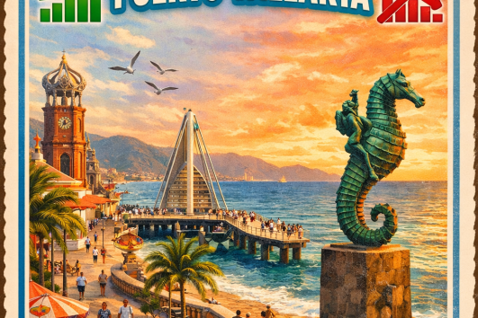 Resilient Puerto Vallarta skyline with Malecon boardwalk, Los Muertos Pier, and seahorse statue at sunset symbolizing real estate market strength