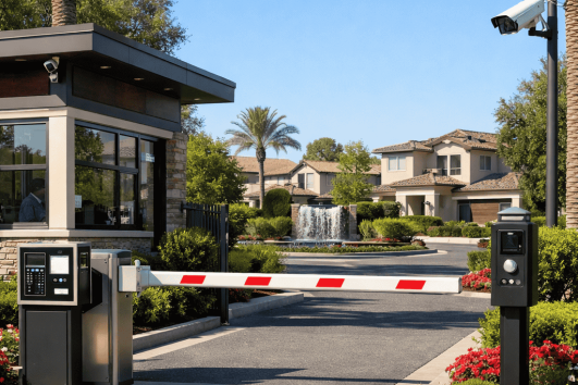 Gated residential community entrance with security gate, guardhouse, and surveillance cameras illustrating private community security.