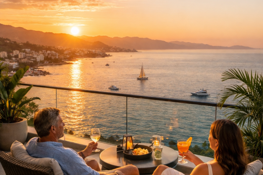 Couple enjoying sunset drinks on a luxury oceanfront balcony overlooking Banderas Bay in Puerto Vallarta