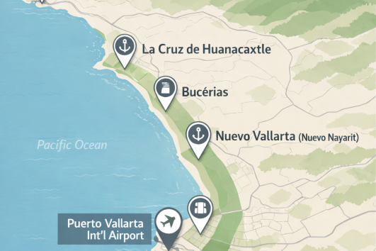Real estate corridor north of Puerto Vallarta showing Puerto Vallarta International Airport, Nuevo Vallarta, Bucerías, La Cruz de Huanacaxtle, and Punta de Mita.