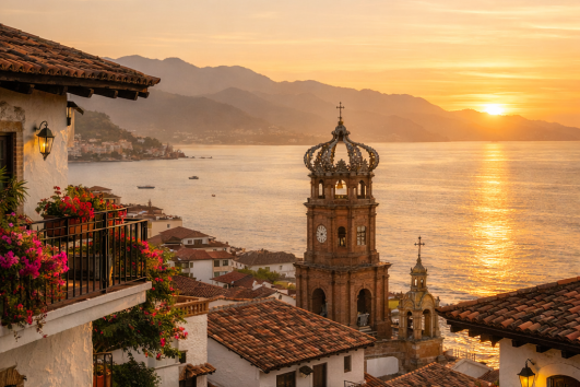 Puerto Vallarta historic skyline at sunset with Our Lady of Guadalupe church tower and traditional red tile rooftops overlooking the Bay of Banderas