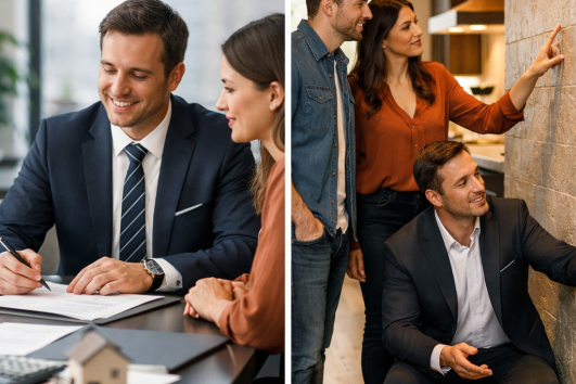 Real estate agent negotiating contract and inspecting property finishes with clients from negotiation to delivery