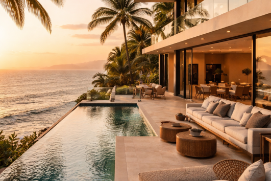 Propriété de luxe en bord de mer à Puerto Vallarta avec piscine à débordement et vue sur l’océan au coucher du soleil