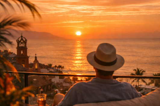 Man enjoying sunset ocean view from terrace in Puerto Vallarta lifestyle real estate