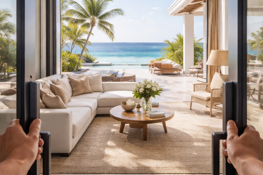 Luxury beachfront vacation rental villa with ocean view and modern interior