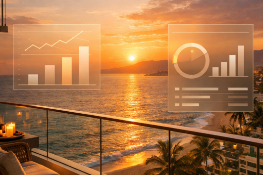 Balcon de condo de luxe à Puerto Vallarta avec coucher de soleil sur l’océan et analyse des revenus Airbnb vs location longue durée