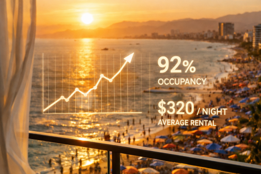 Holy Week ROI Vallarta view from luxury condo balcony overlooking crowded beach