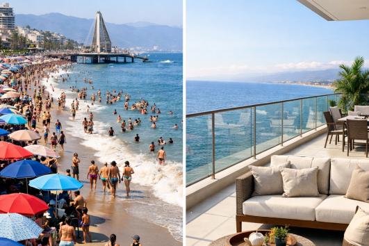 Crowded Puerto Vallarta beach during Holy Week with colorful umbrellas and oceanfront condo balcony view