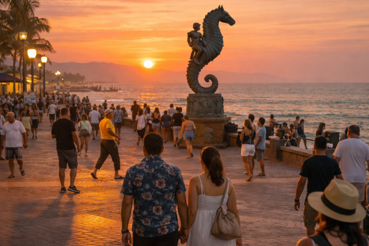 Couple walking along Puerto Vallarta Malecón at sunset with ocean view and sculpture
