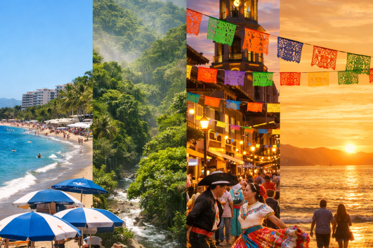 Puerto Vallarta tourist season year-round beach jungle festival sunset collage