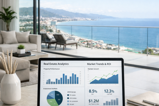 Luxury Puerto Vallarta condo with ocean view and real estate investment analytics on laptop