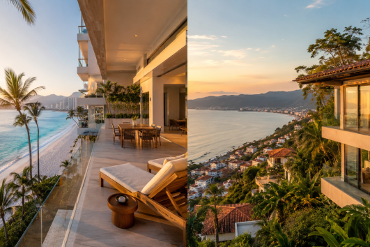 Oceanfront vs. ocean view properties in Puerto Vallarta showing a beachfront condo and a hillside villa overlooking Banderas Bay.